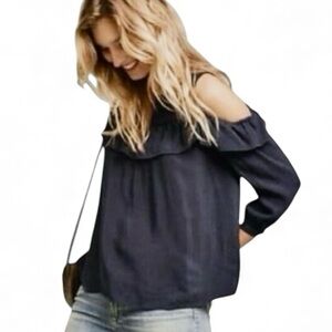 Anthro Maeve Navy Blue Cold Open Off-Shoulder Long Sleeve Blouse Top Size 2